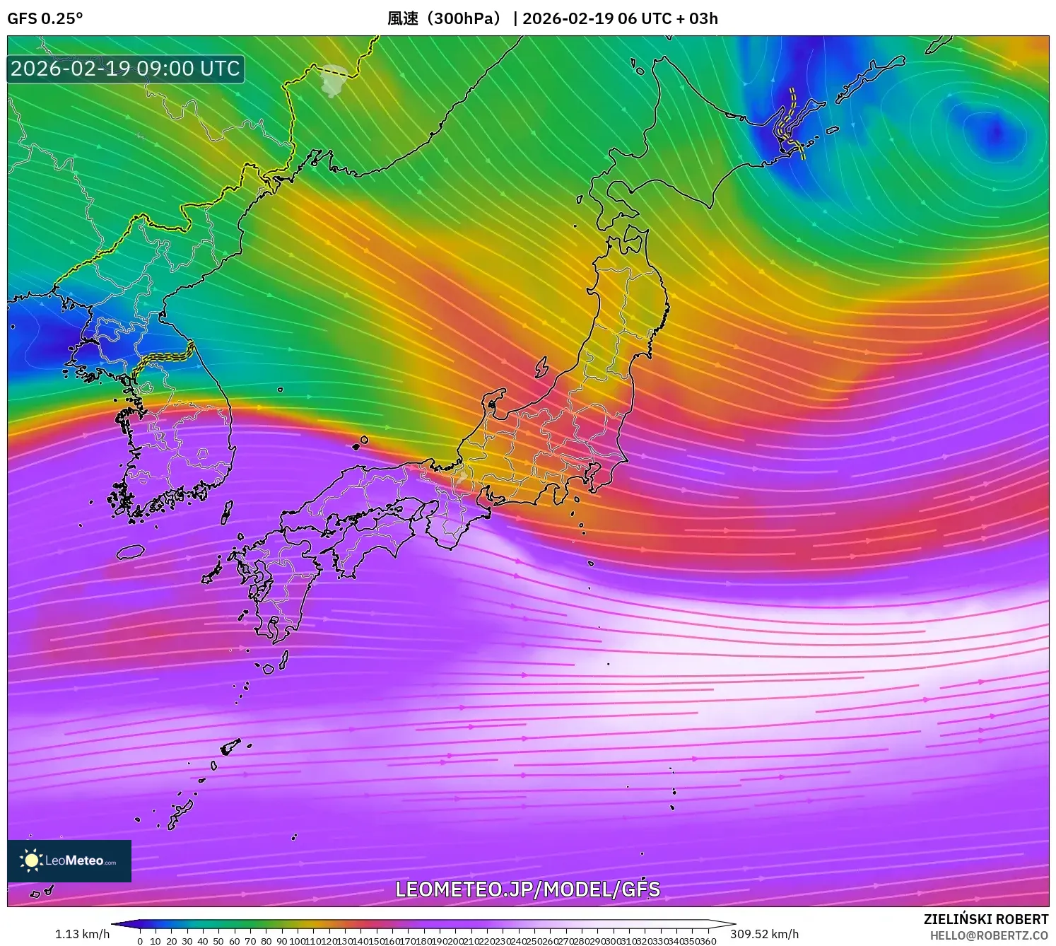 GFS model - 日本, 風速（300hPa）