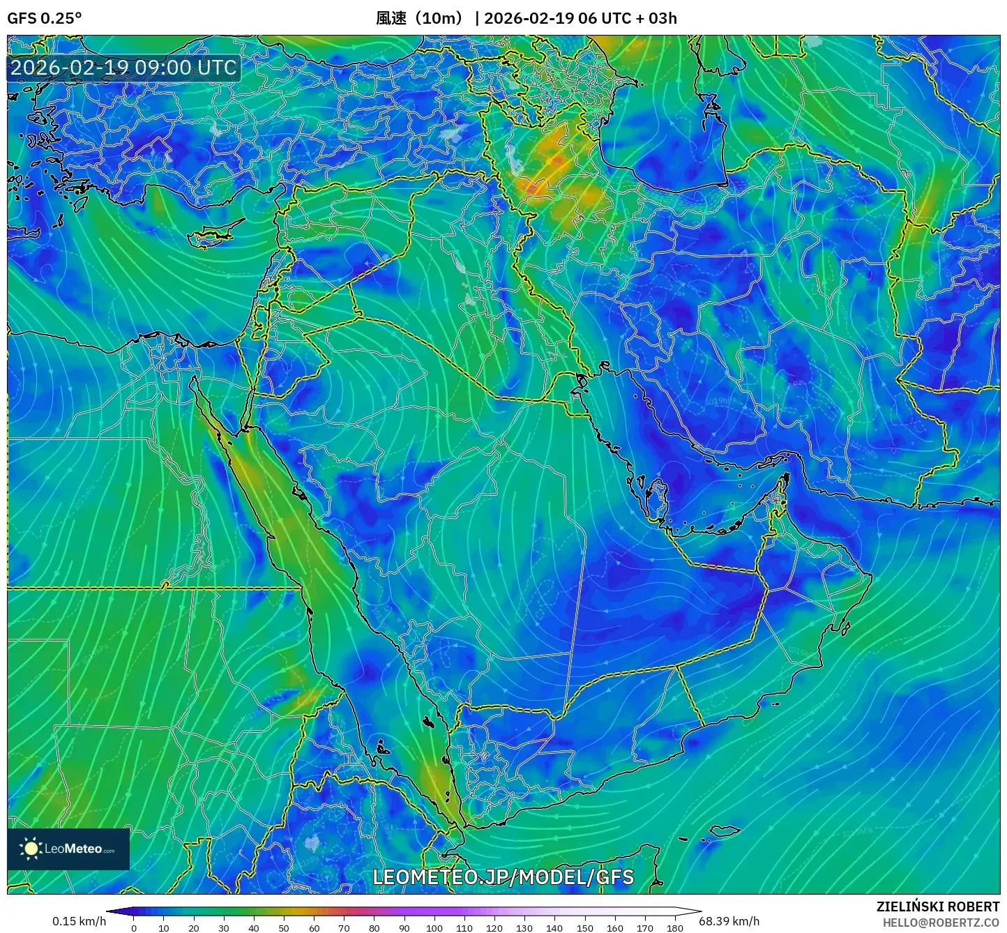 GFS model - 中東, 風速（10m）