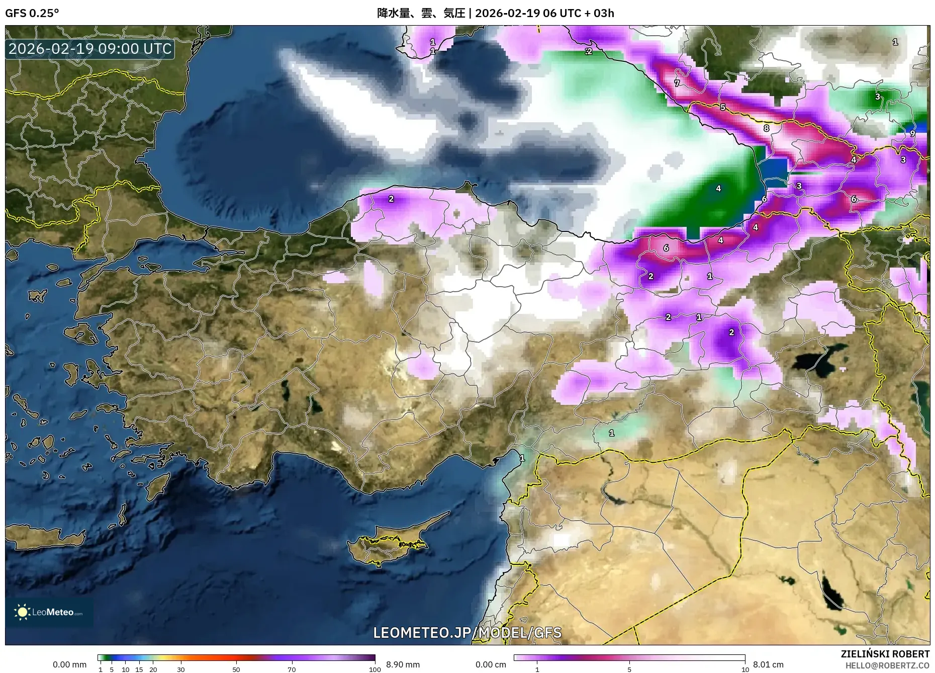 GFS model - トルコ, 降水量、雲、気圧