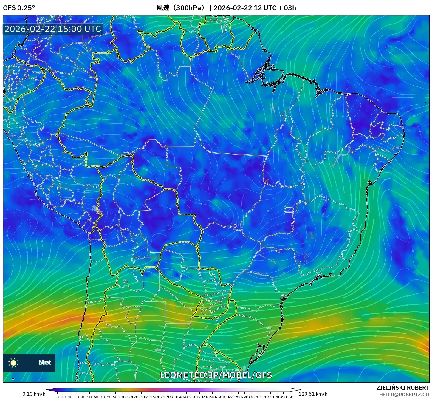 GFS model - ブラジル, 風速（300hPa）