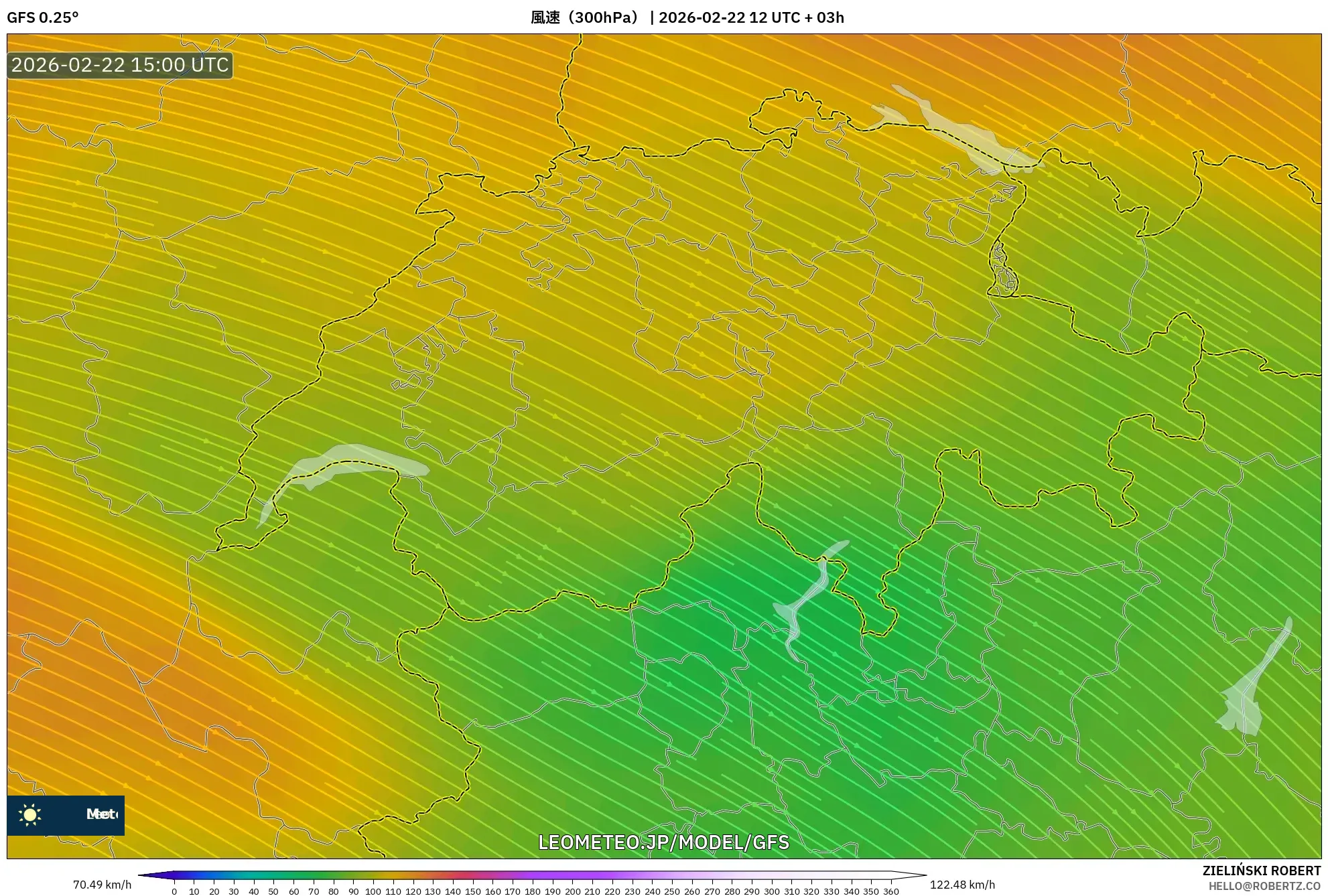 GFS model - スイス, 風速（300hPa）