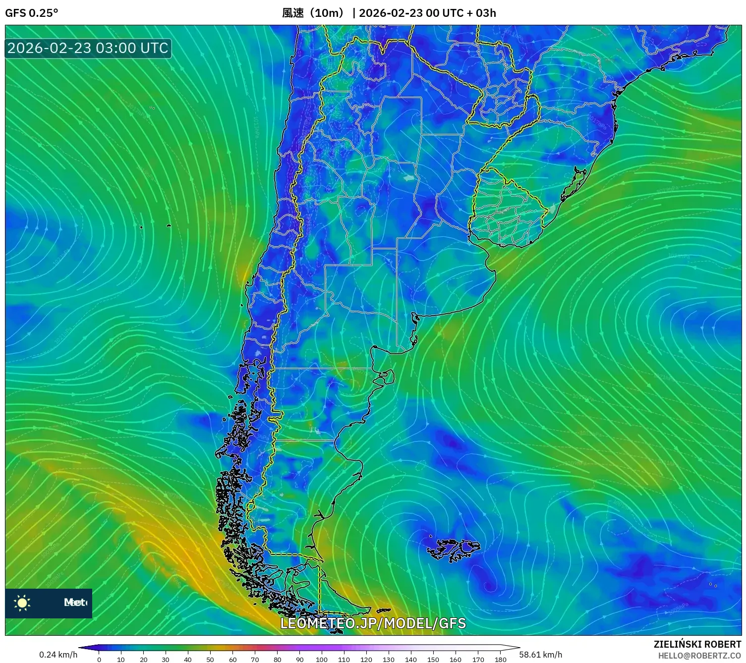 GFS model - アルゼンチン, 風速（10m）