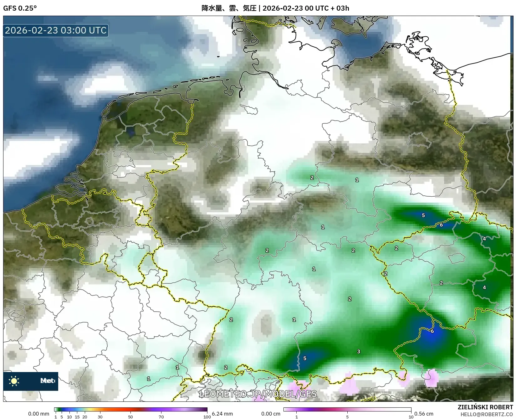 GFS model - ドイツ, 降水量、雲、気圧