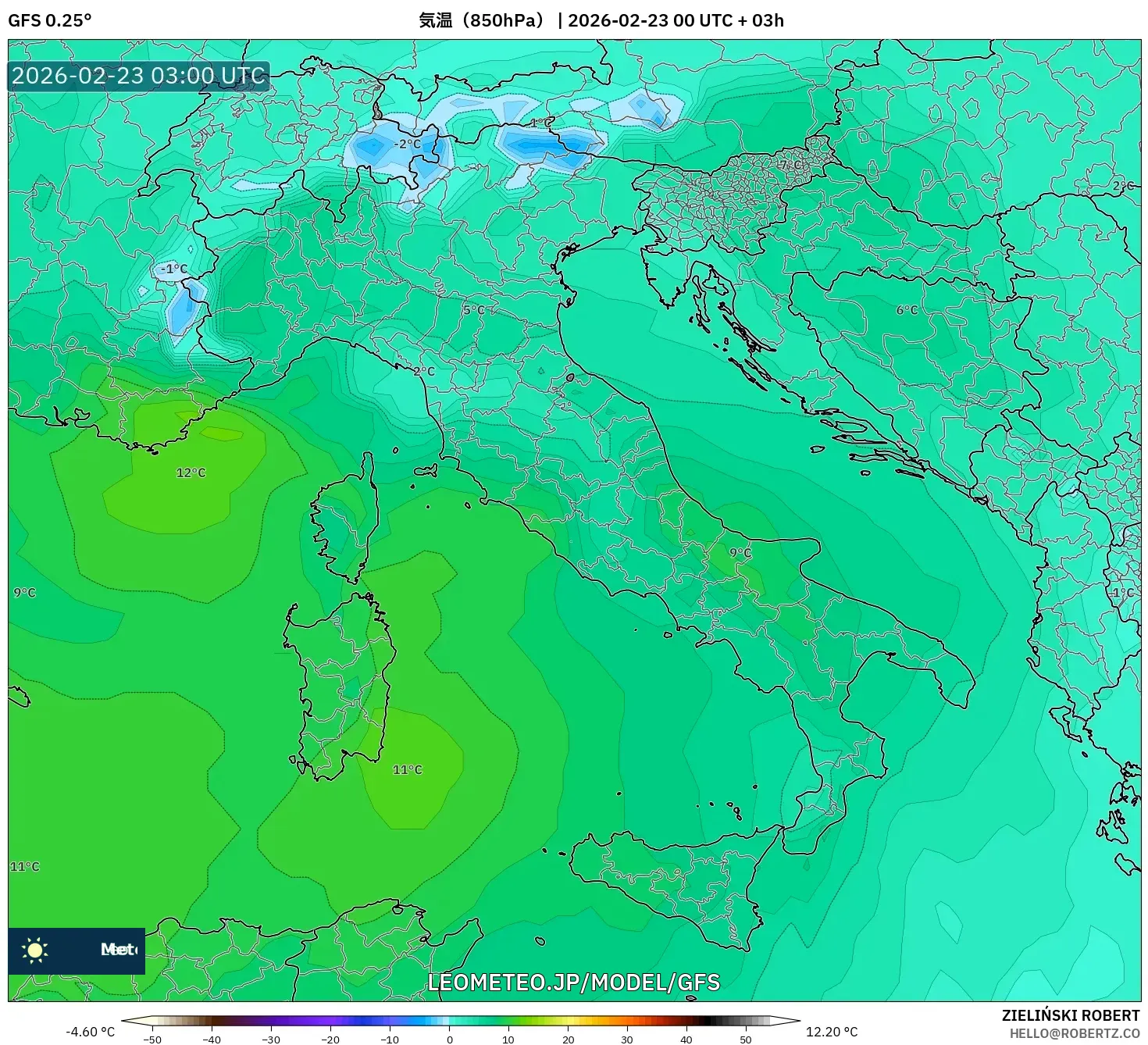 GFS model - イタリア, 気温（850hPa）