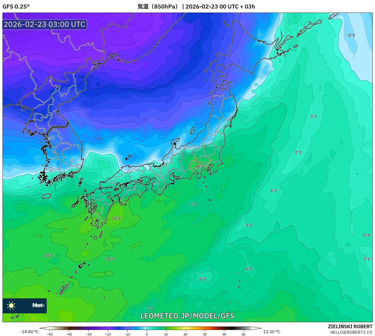 GFS model - 日本, 気温（850hPa）