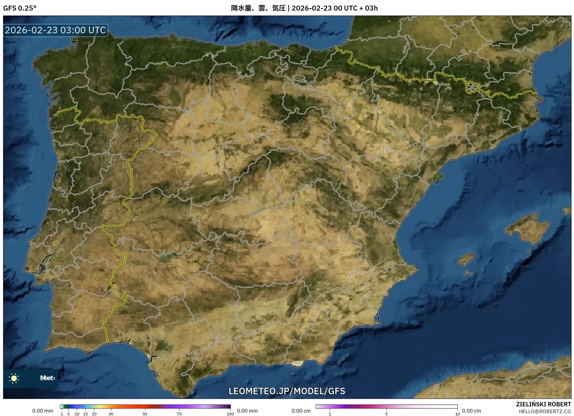 GFS model - スペイン, 降水量、雲、気圧