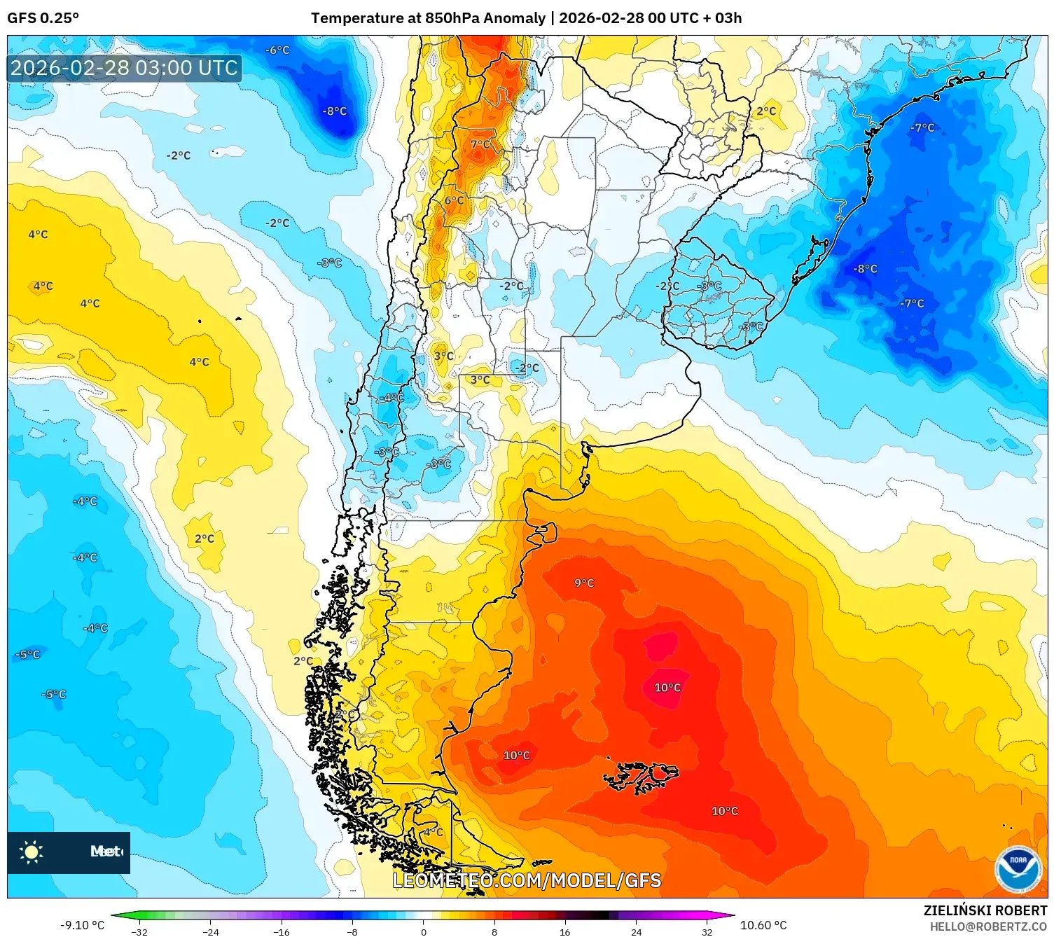 GFS model - アルゼンチン, 気温異常（850hPa）