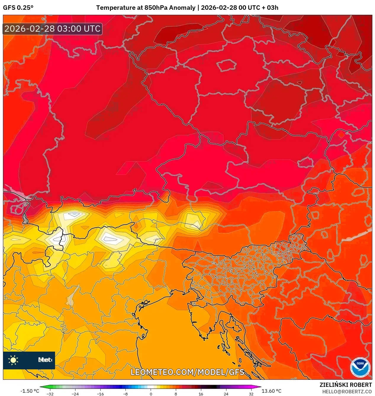 GFS model - オーストリア, 気温異常（850hPa）