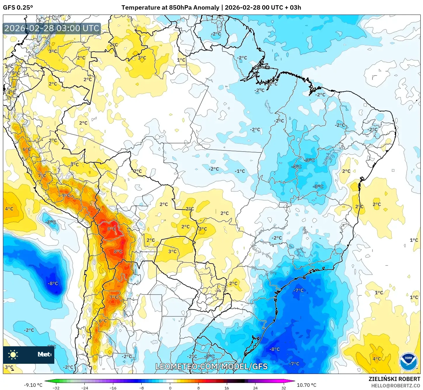 GFS model - ブラジル, 気温異常（850hPa）