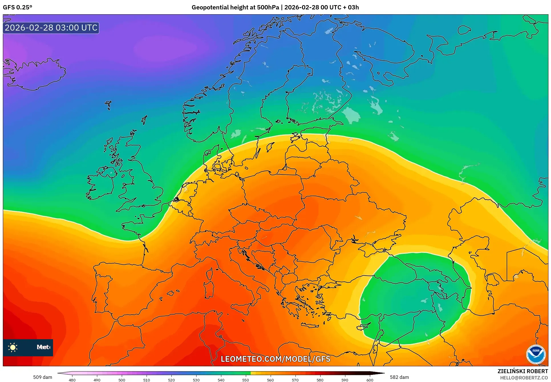 GFS model - ヨーロッパ, 500hPaのジオポテンシャル高度