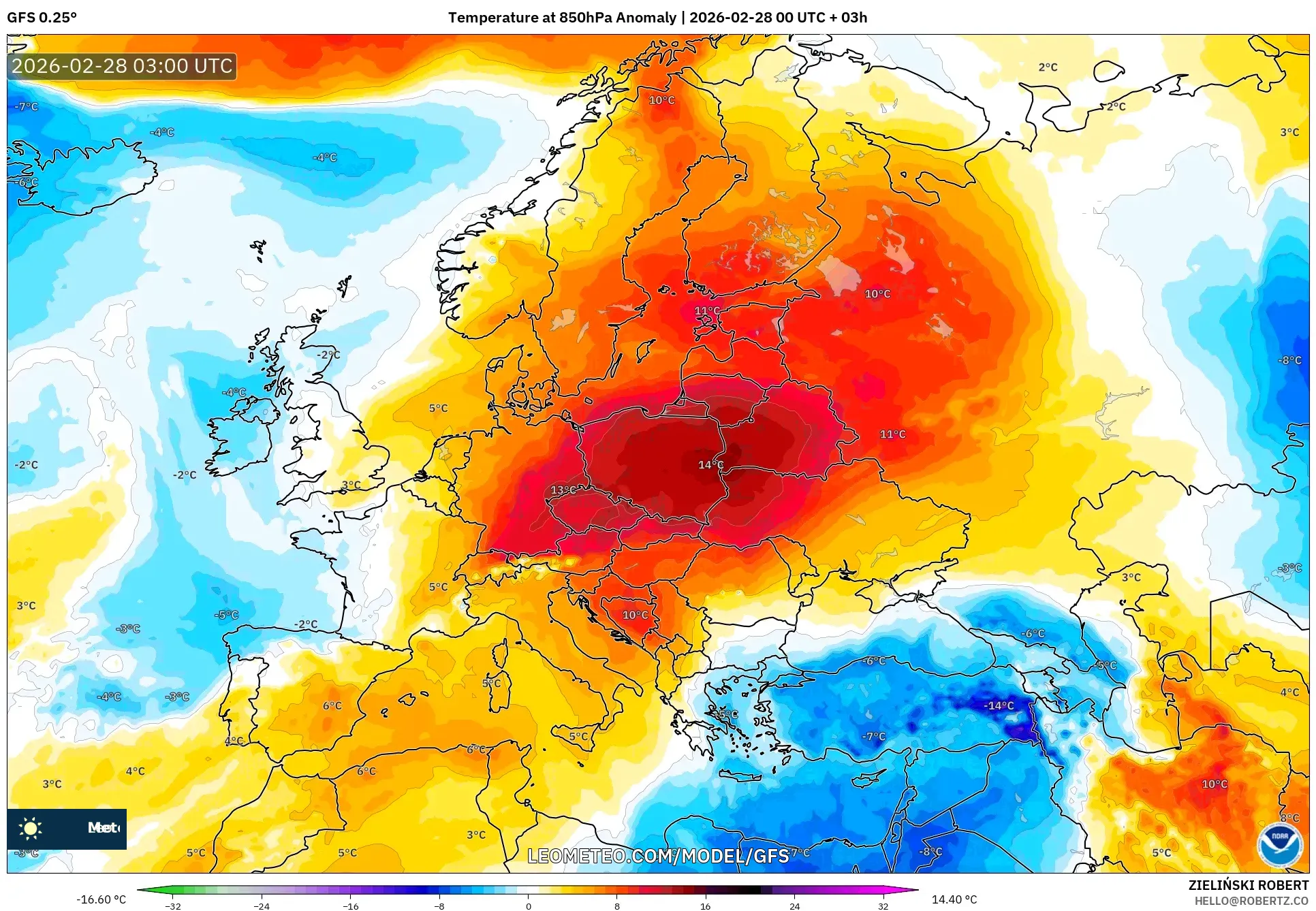 GFS model - ヨーロッパ, 気温異常（850hPa）