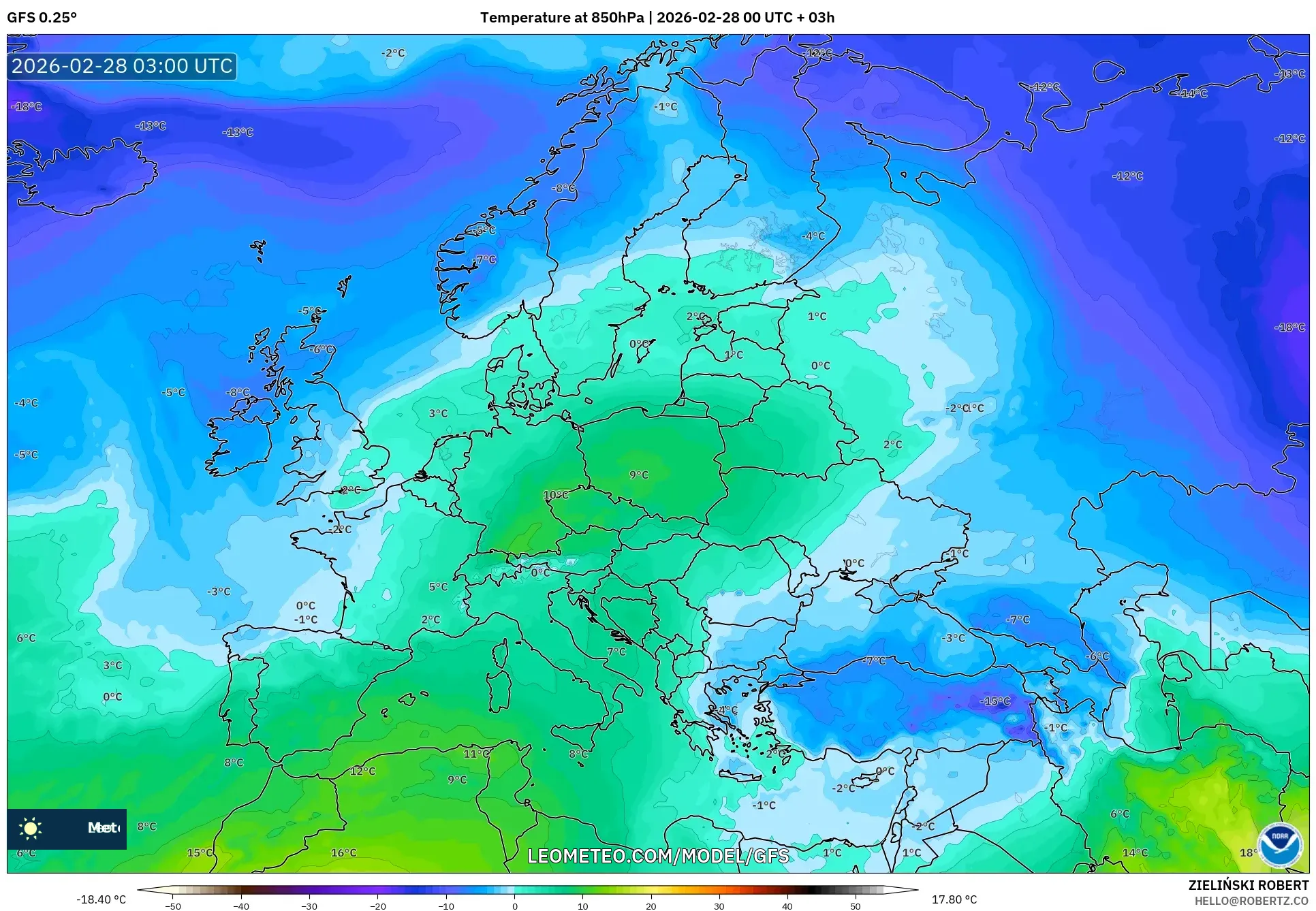 GFS model - ヨーロッパ, 気温（850hPa）