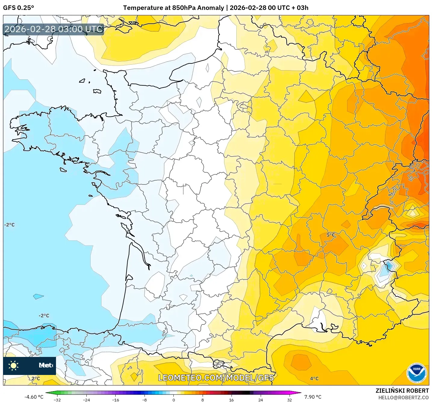 GFS model - フランス, 気温異常（850hPa）