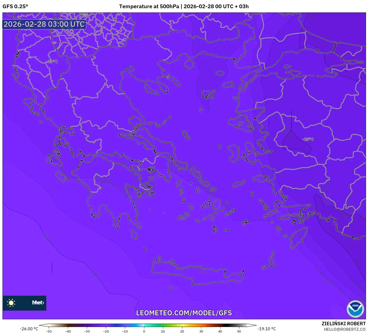 GFS model - ギリシャ, 気温（500hPa）