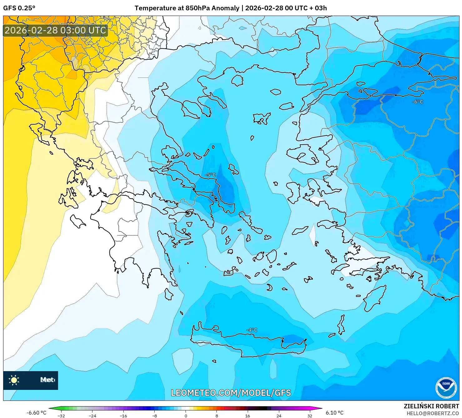 GFS model - ギリシャ, 気温異常（850hPa）