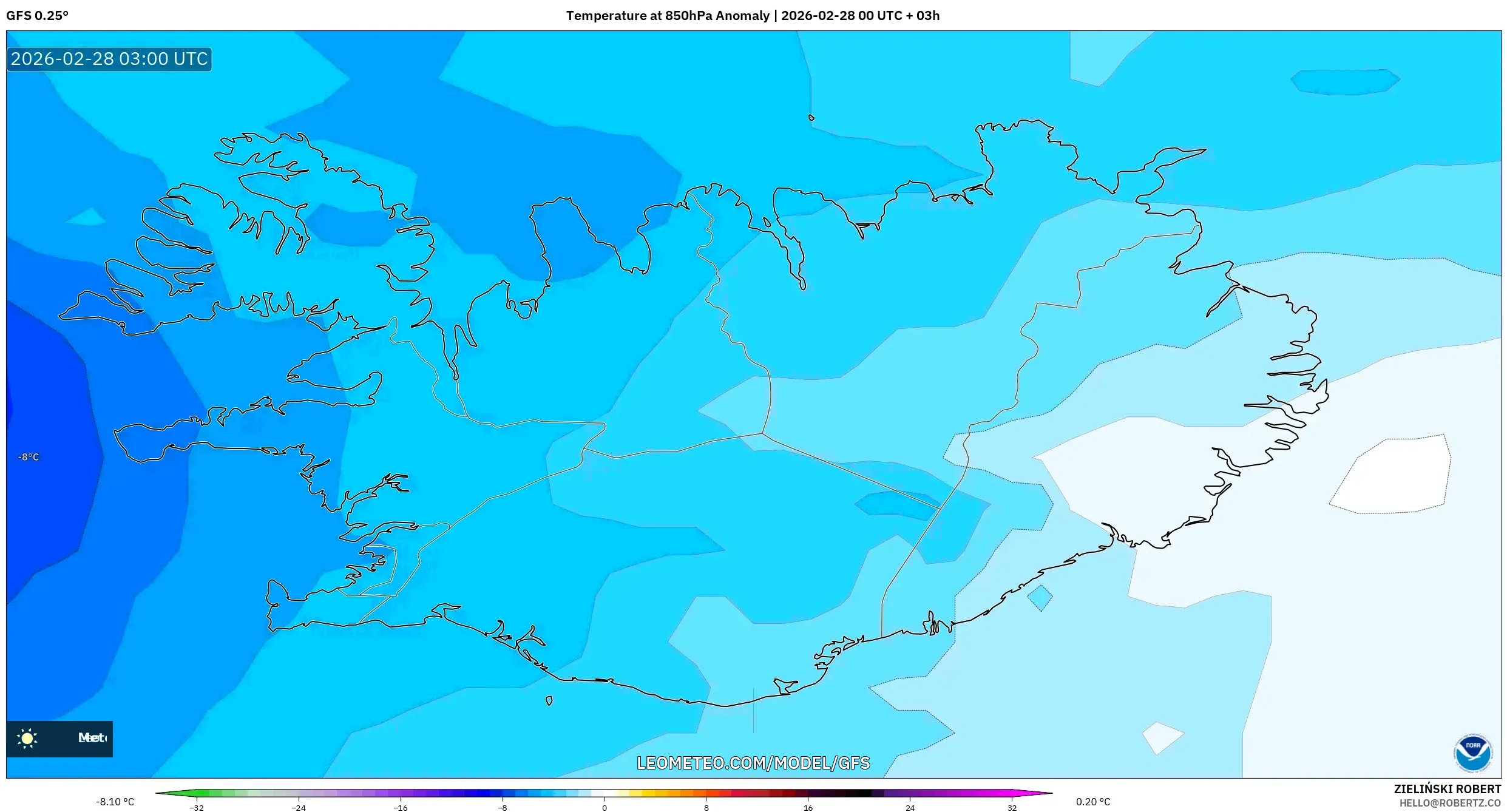 GFS model - アイスランド, 気温異常（850hPa）