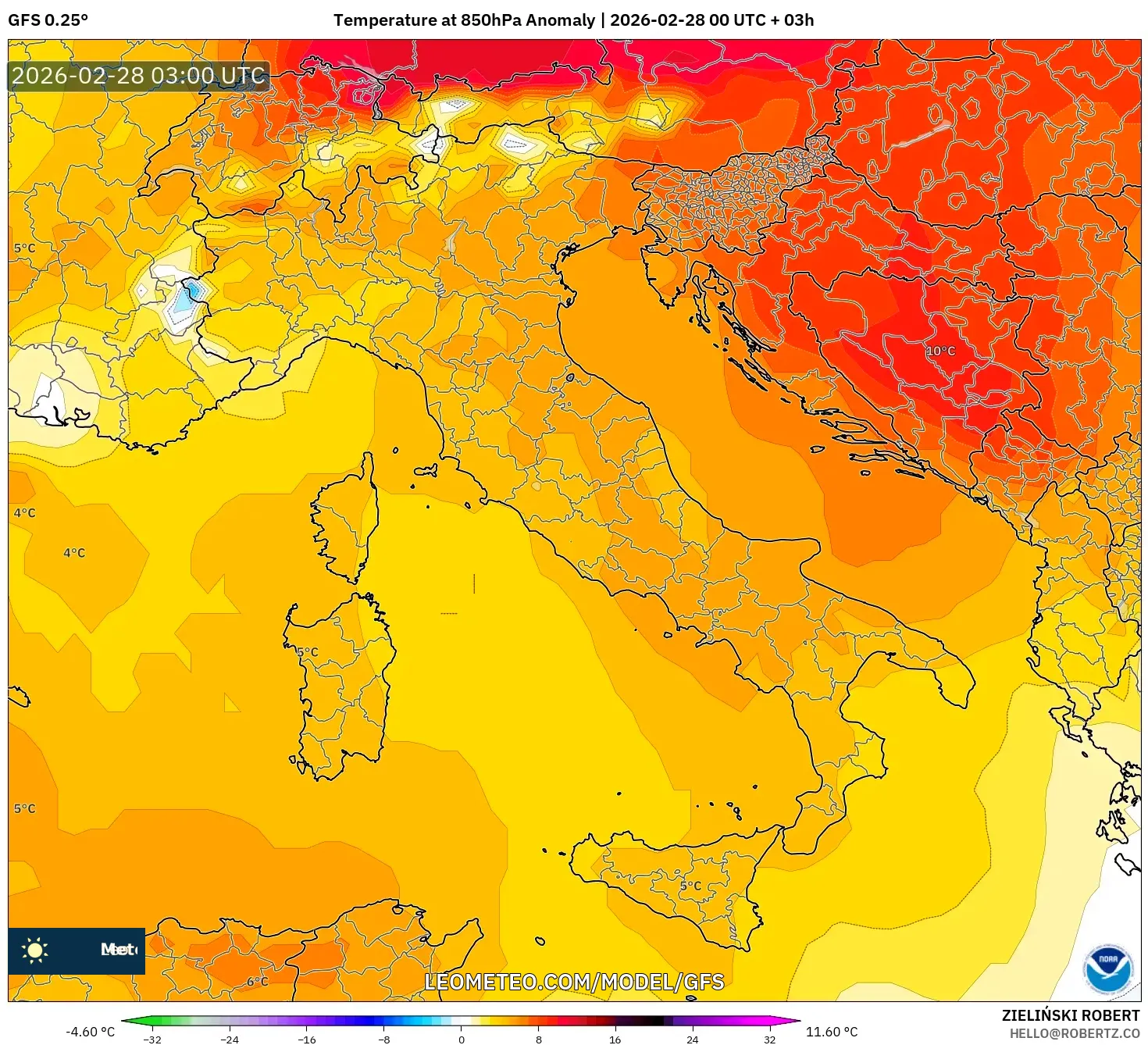 GFS model - イタリア, 気温異常（850hPa）