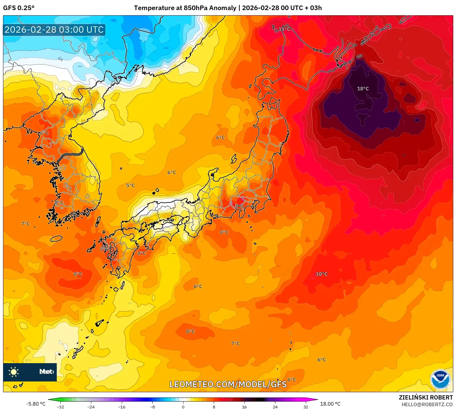 GFS model - 日本, 気温異常（850hPa）