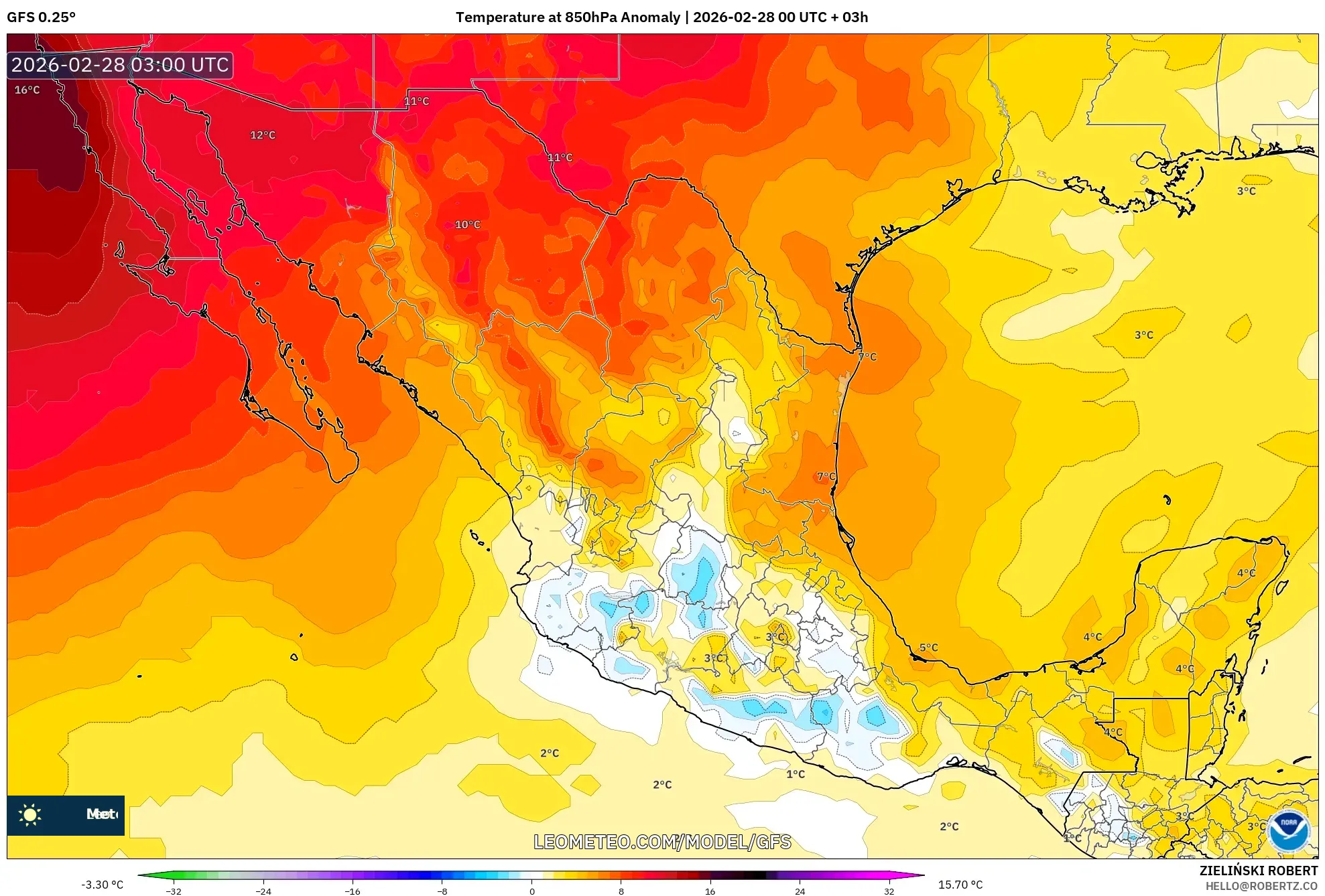 GFS model - メキシコ, 気温異常（850hPa）
