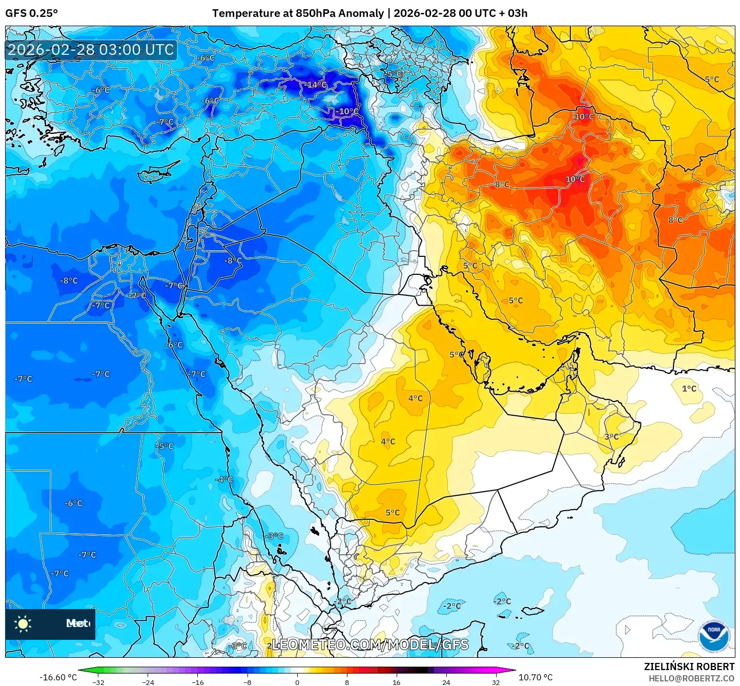 GFS model - 中東, 気温異常（850hPa）