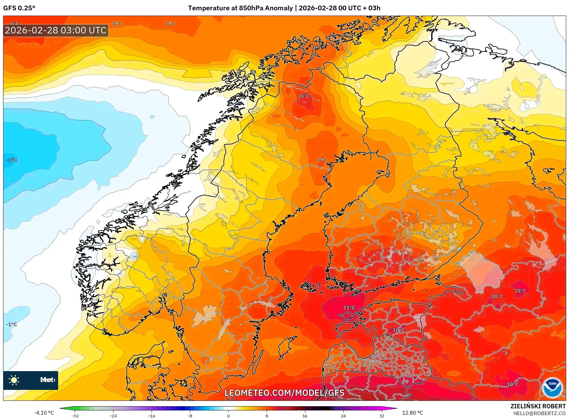 GFS model - スカンジナビア, 気温異常（850hPa）