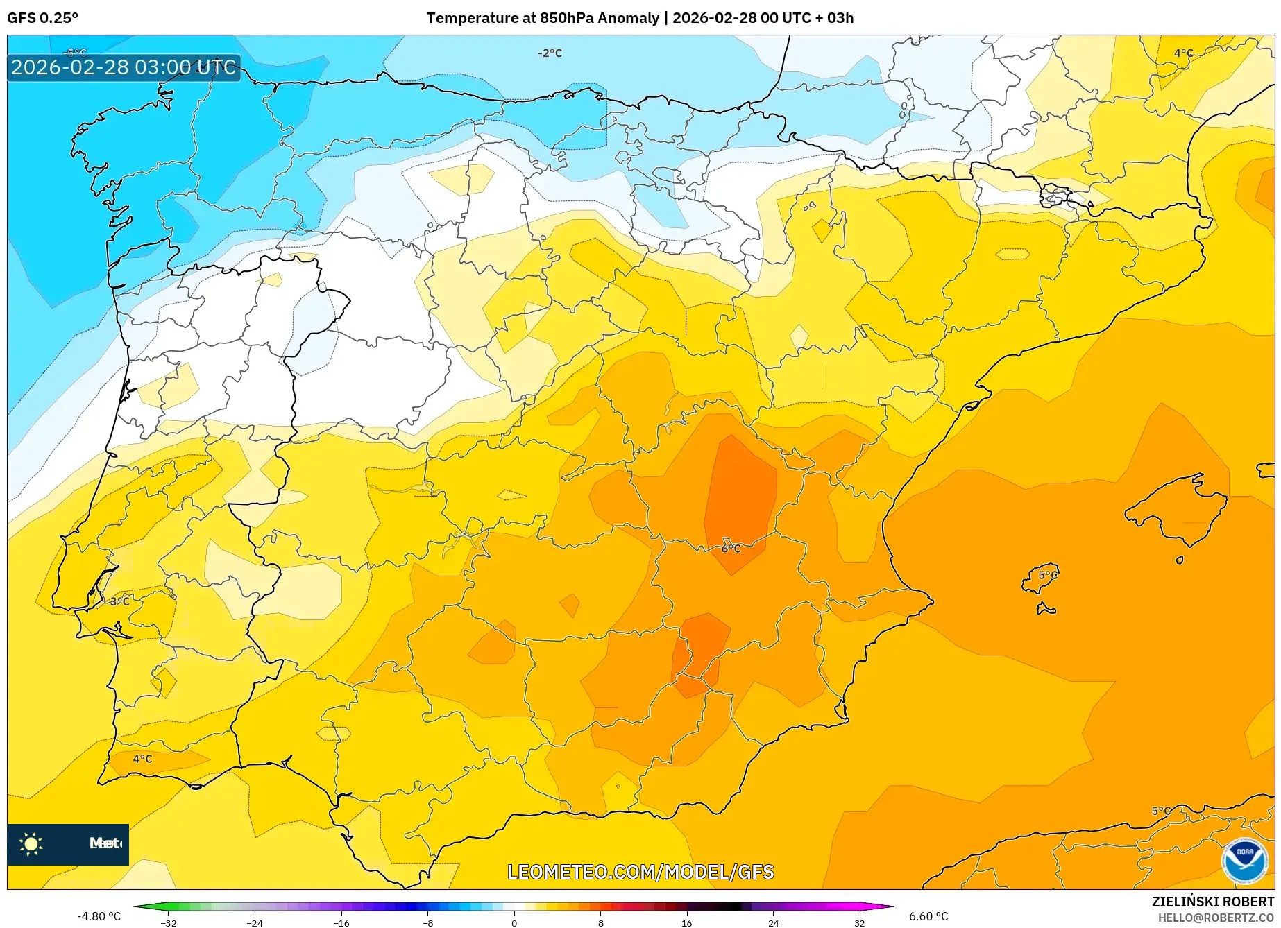GFS model - スペイン, 気温異常（850hPa）