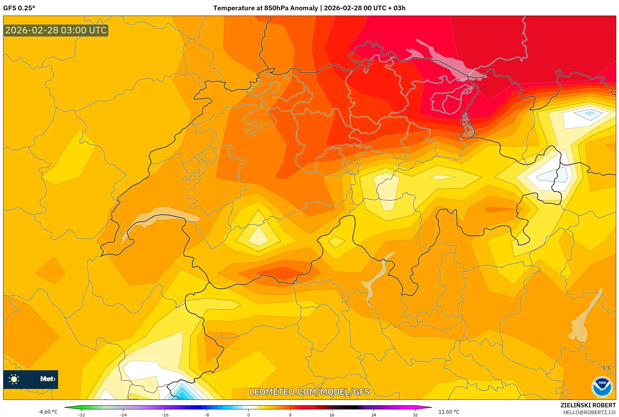 GFS model - スイス, 気温異常（850hPa）