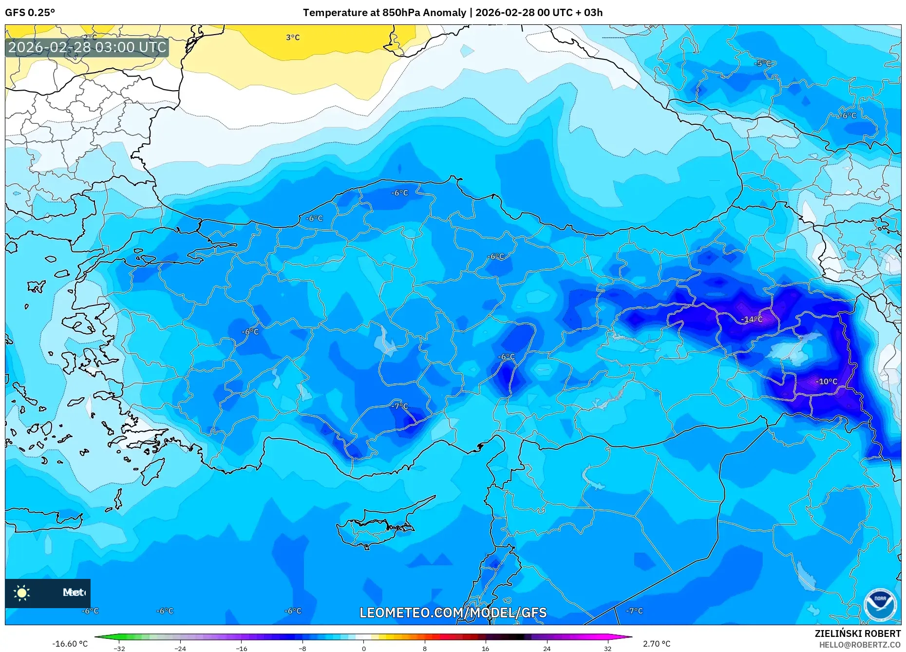 GFS model - トルコ, 気温異常（850hPa）