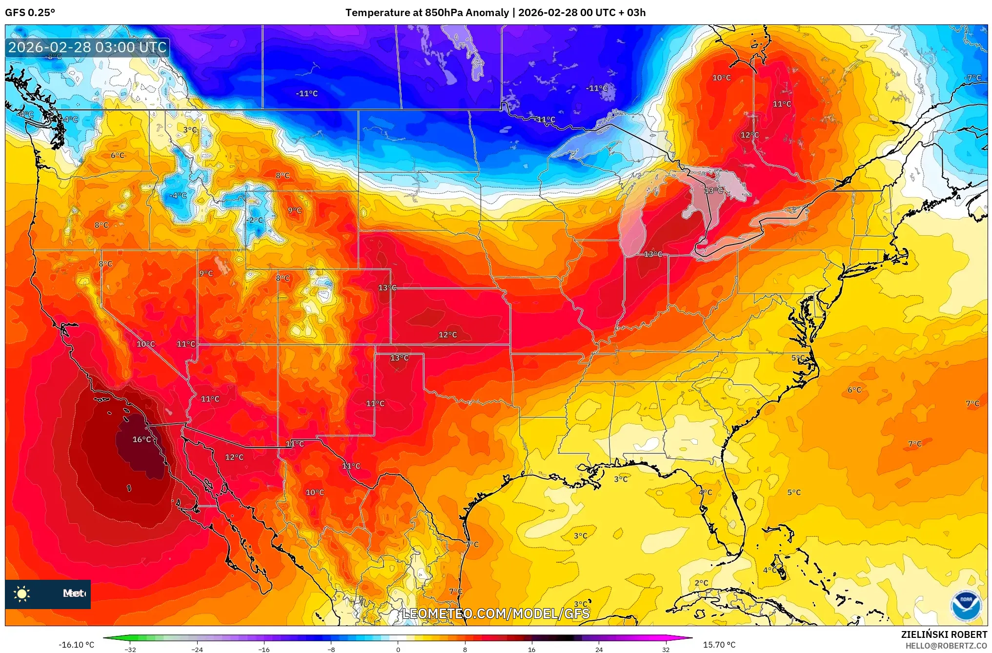 GFS model - アメリカ合衆国, 気温異常（850hPa）