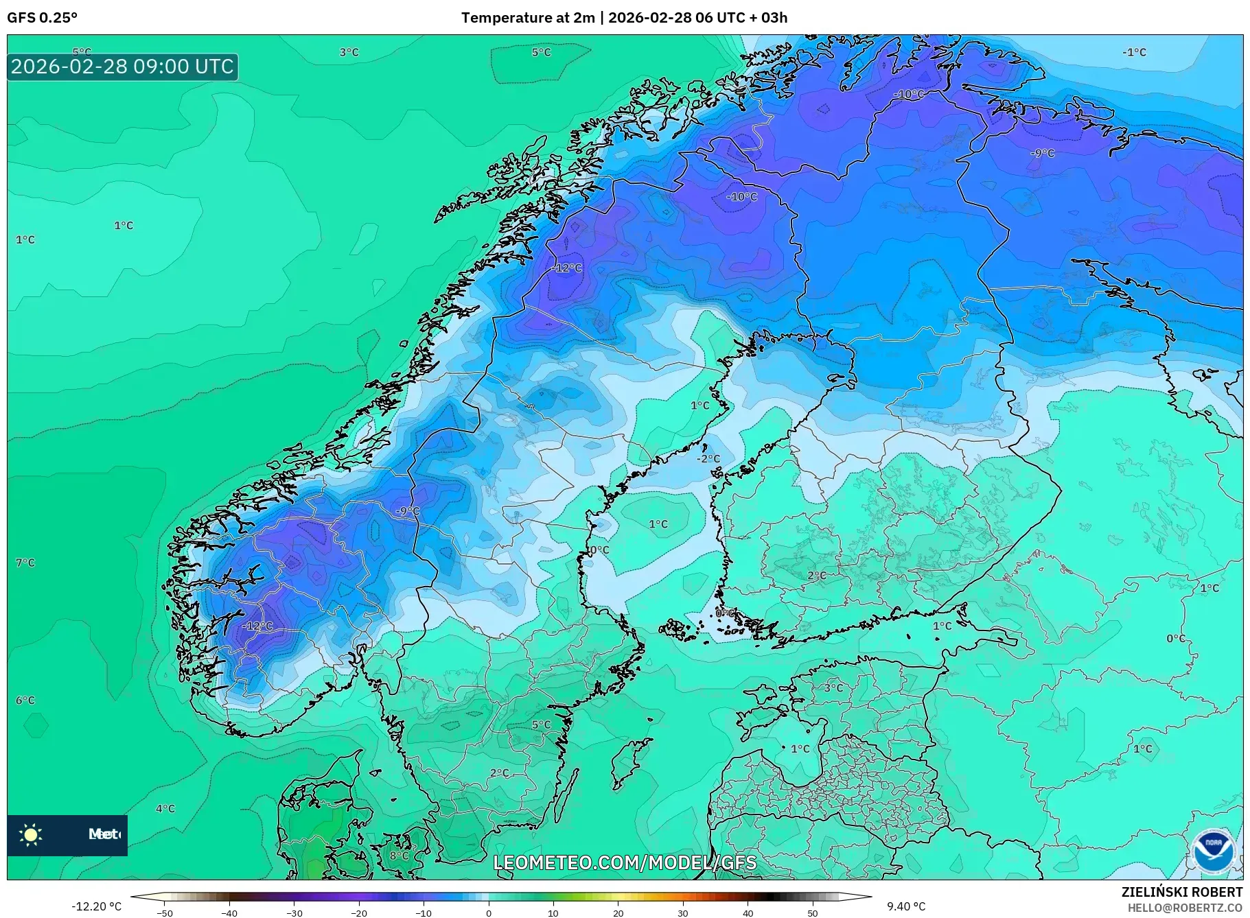GFS model - スカンジナビア, 気温（2m）