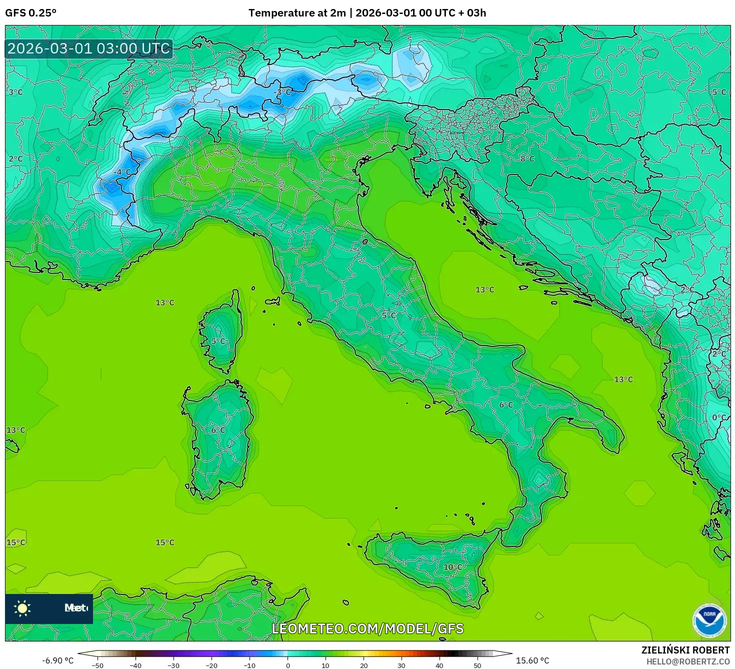 GFS model - イタリア, 気温（2m）