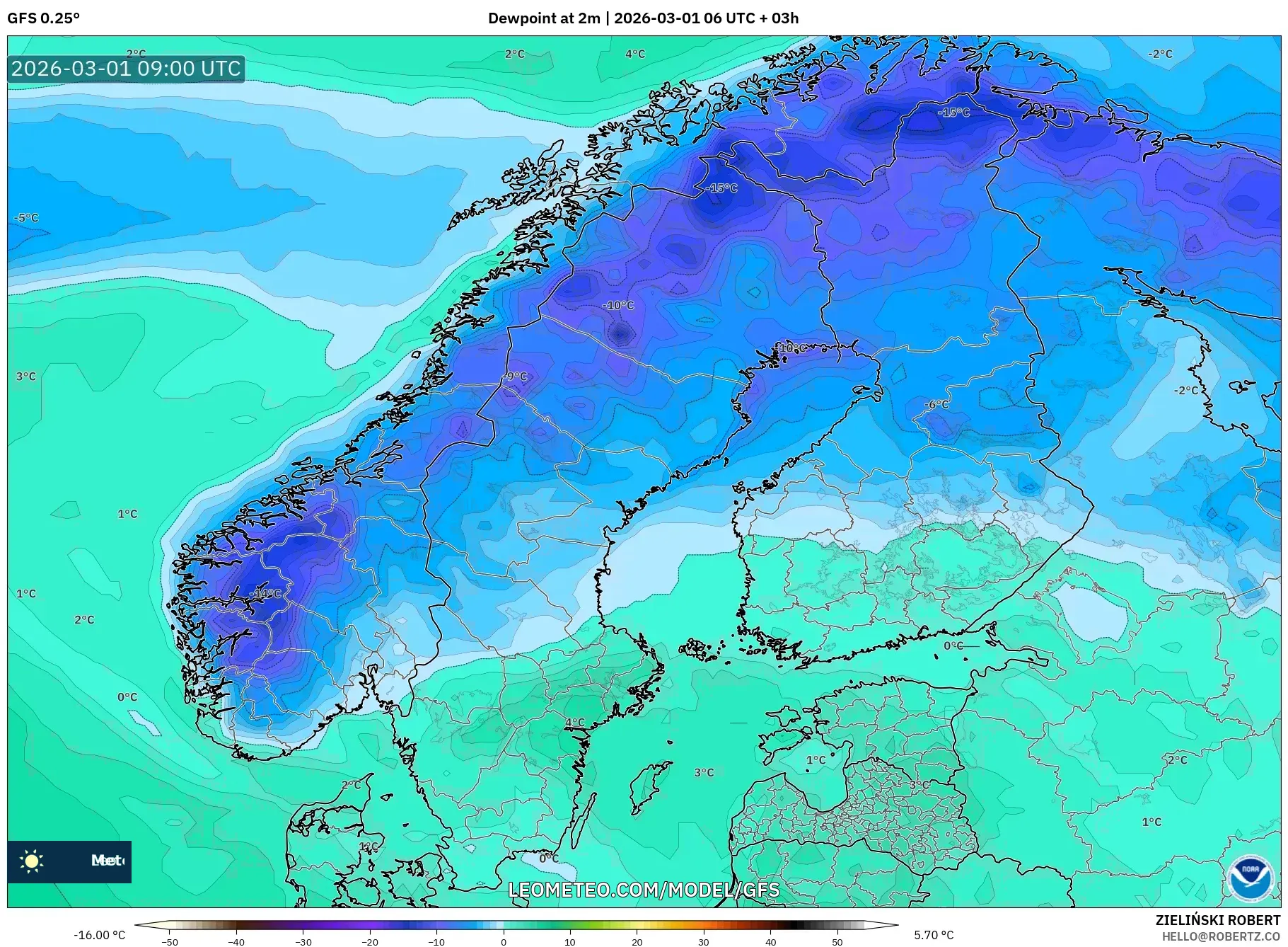 GFS model - スカンジナビア, 露点温度（2m）