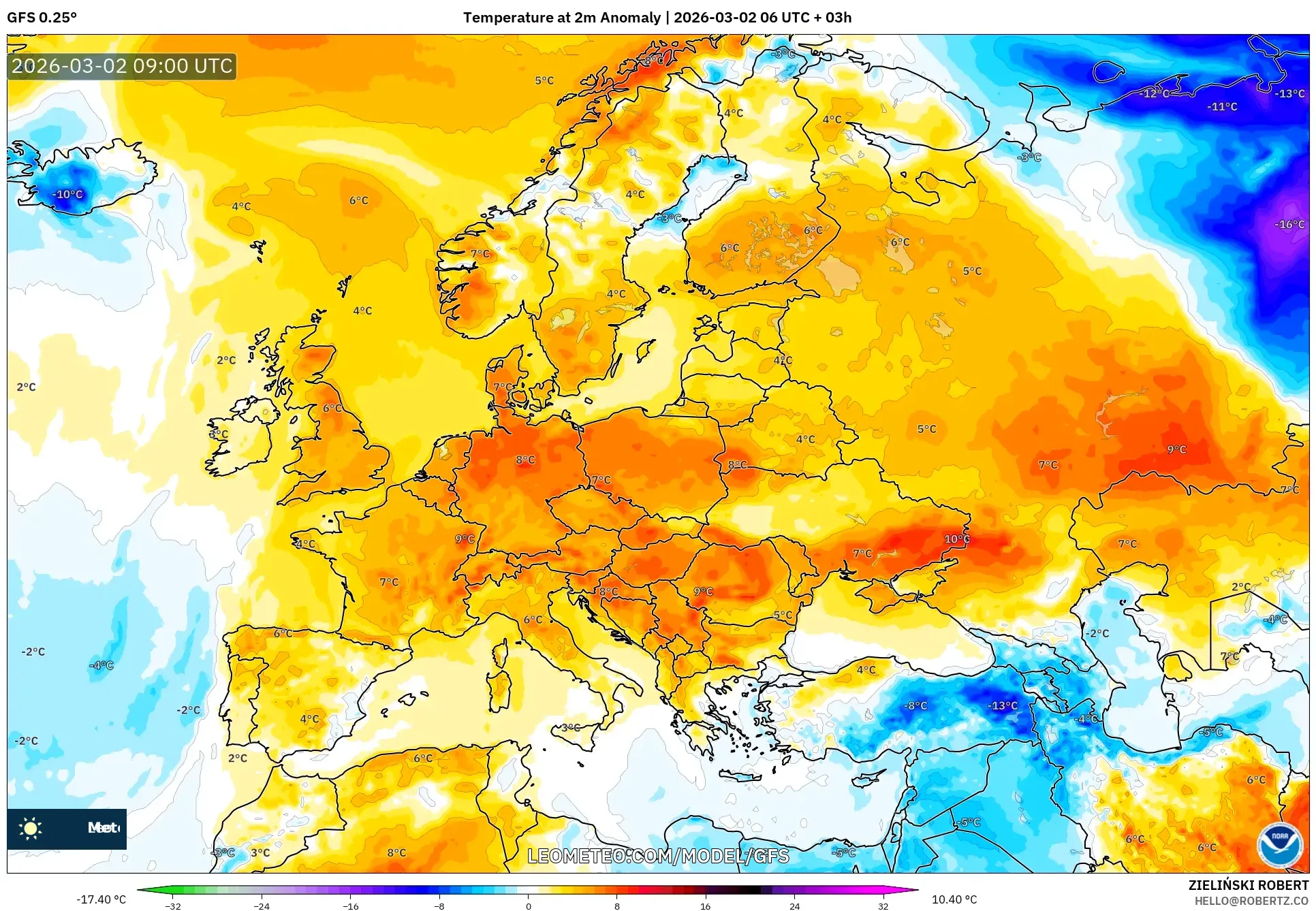 GFS model - ヨーロッパ, 気温異常（2m）