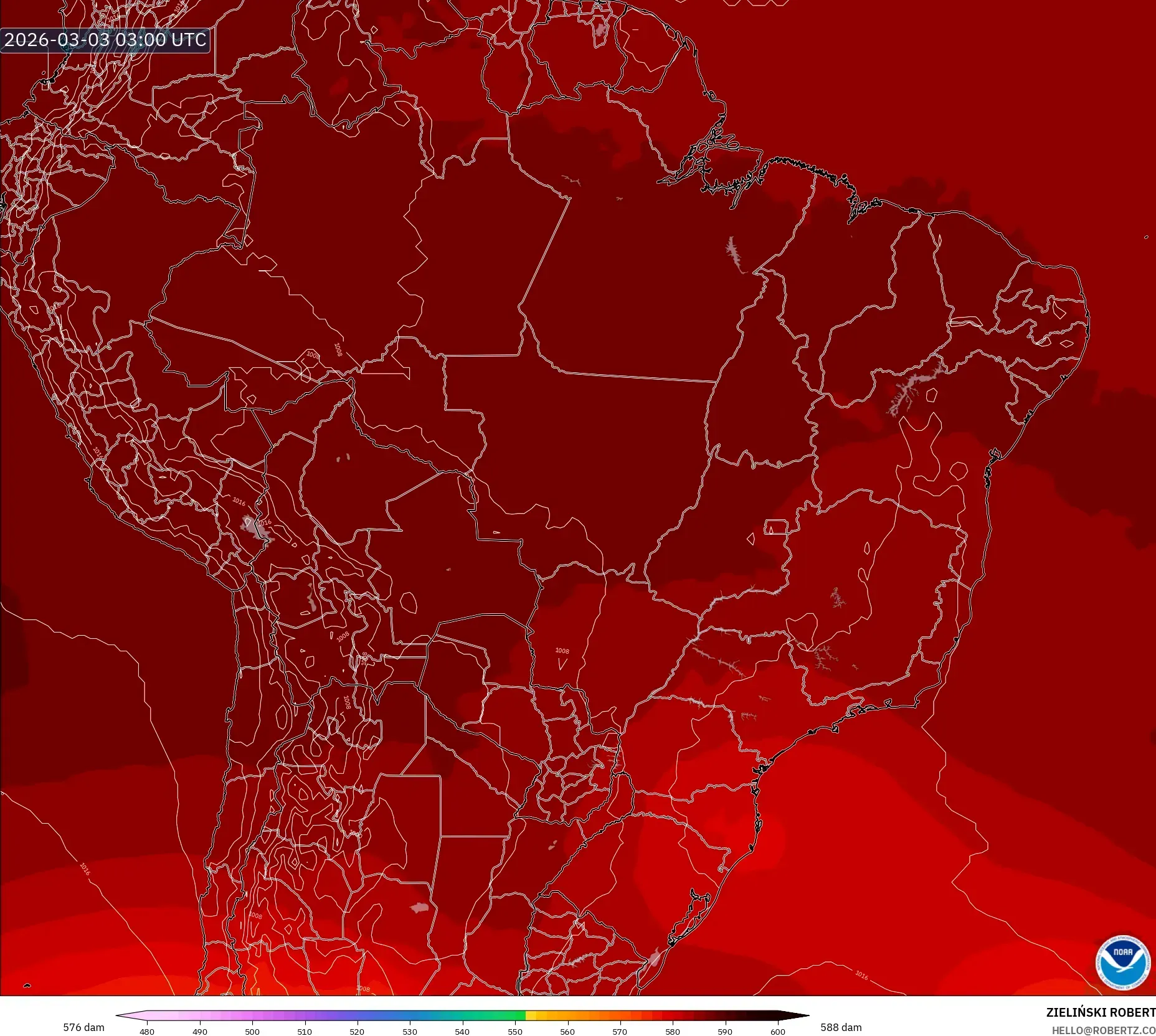 GFS model - ブラジル, 500hPaのジオポテンシャル高度