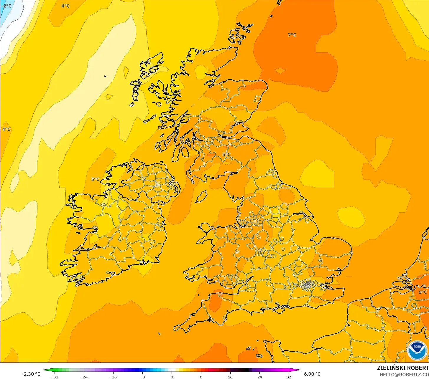 GFS モデル - イギリス, 気温異常（850hPa）