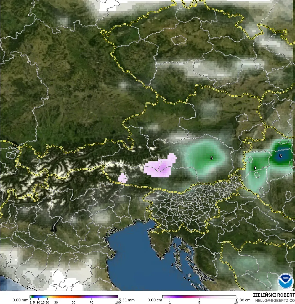 GFS モデル - オーストリア, 降水量、雲、気圧
