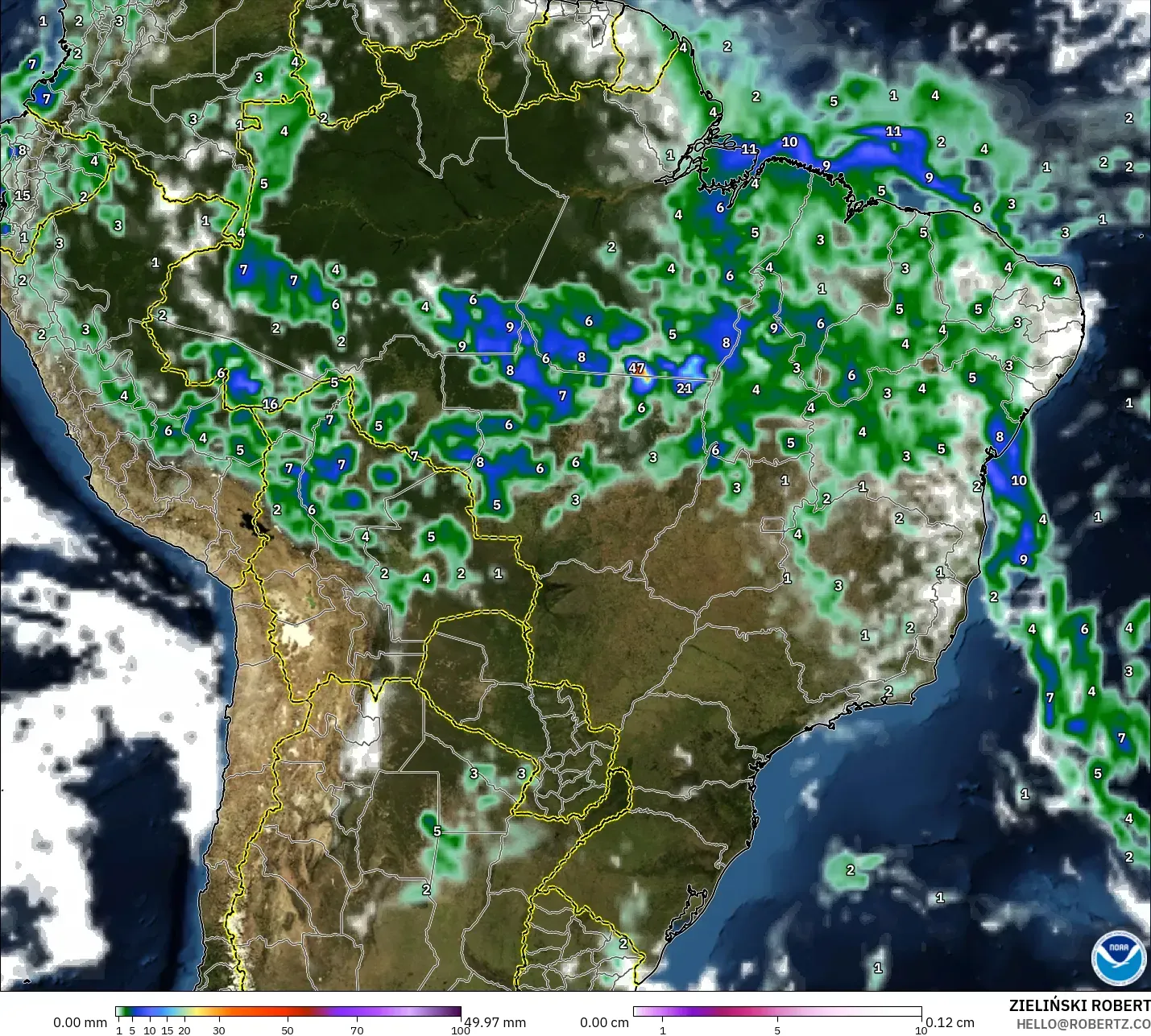 GFS モデル - ブラジル, 降水量、雲、気圧