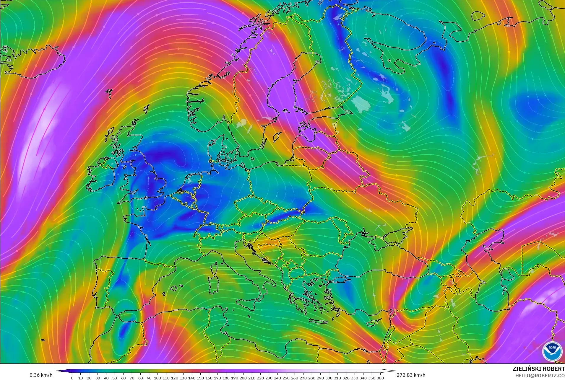 GFS モデル - ヨーロッパ, 風速（300hPa）