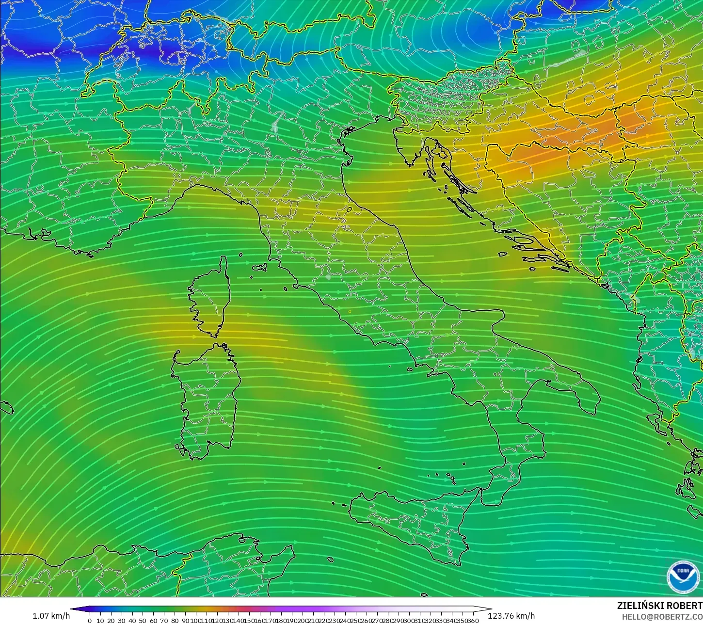 GFS モデル - イタリア, 風速（300hPa）