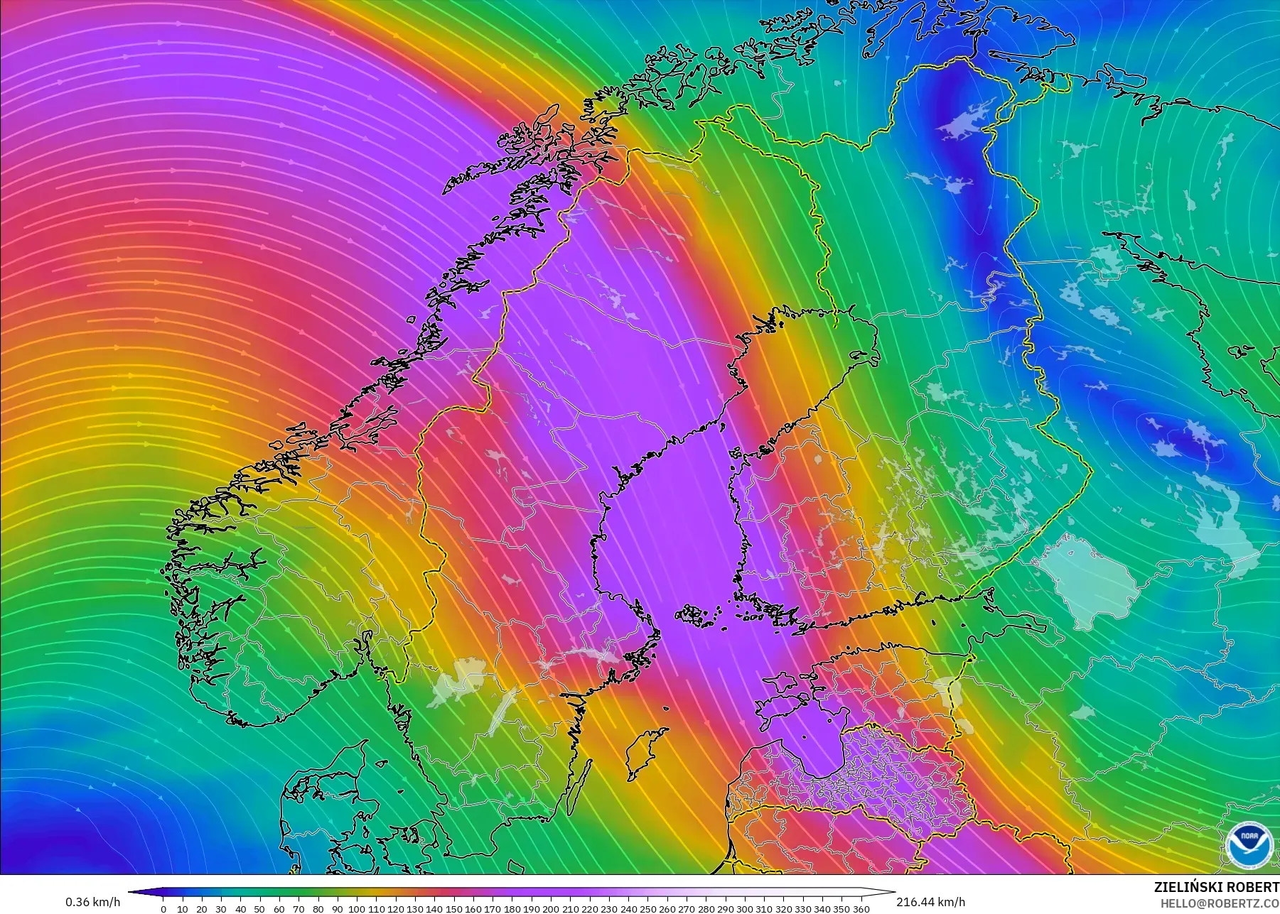 GFS モデル - スカンジナビア, 風速（300hPa）