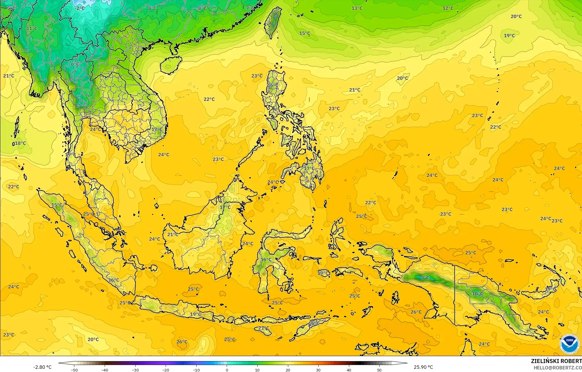 GFS モデル - 東南アジア, 露点温度（2m）