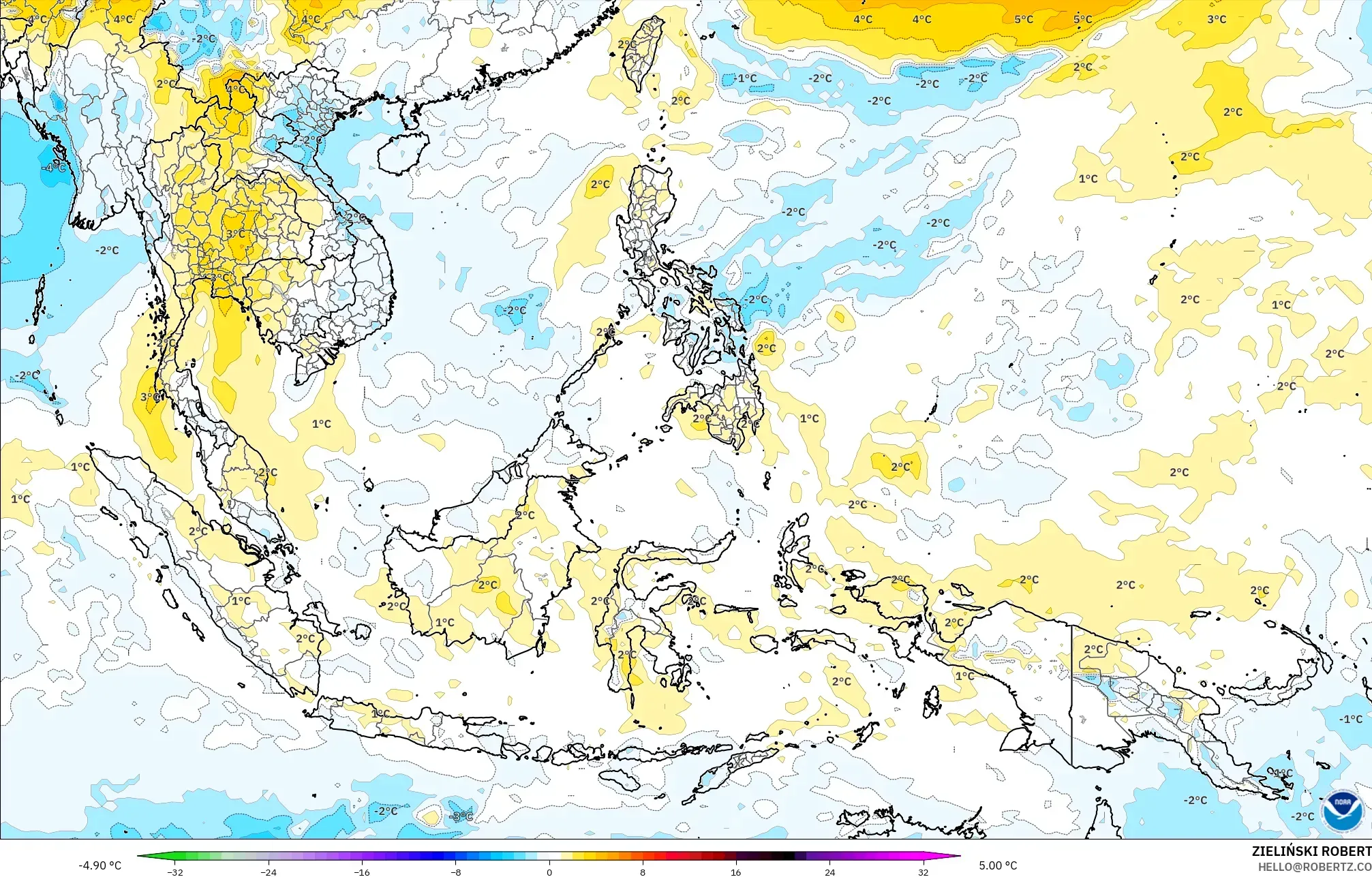 GFS モデル - 東南アジア, 気温異常（850hPa）