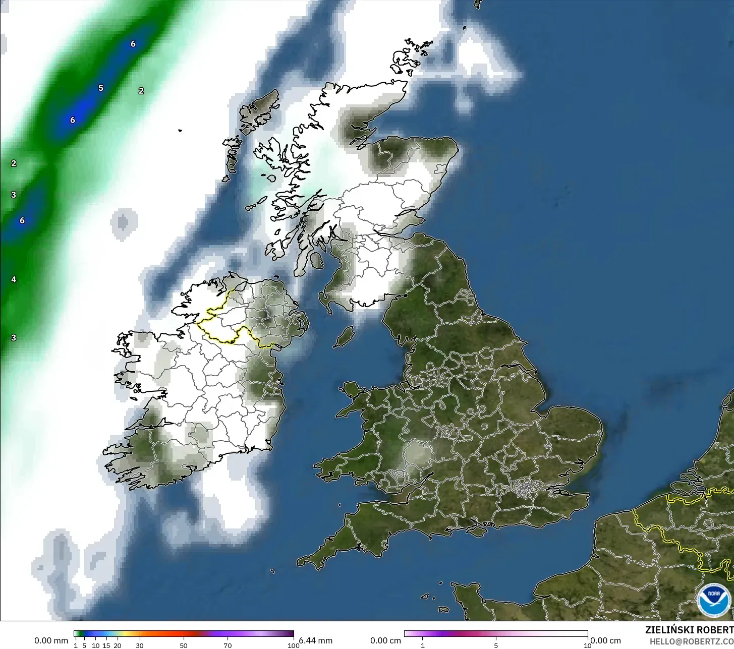 GFS モデル - イギリス, 降水量、雲、気圧