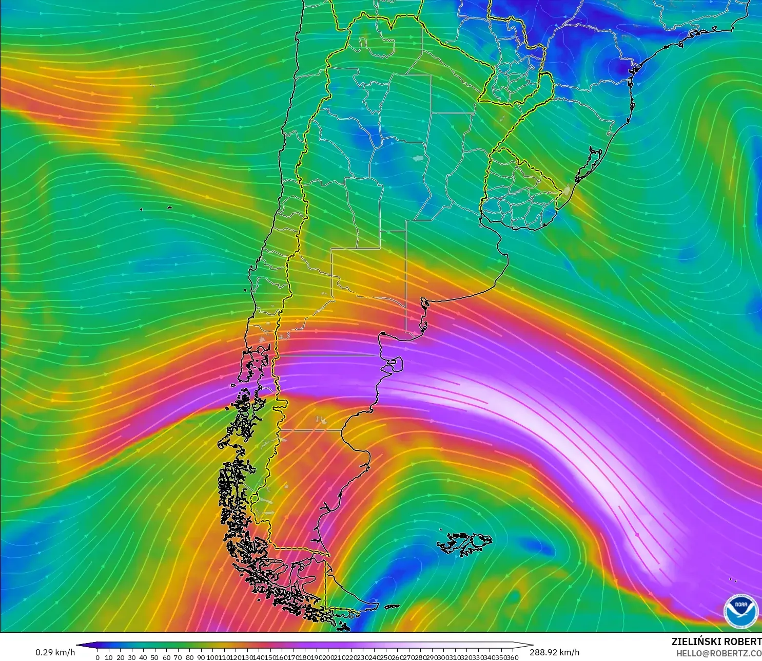 GFS モデル - アルゼンチン, 風速（300hPa）