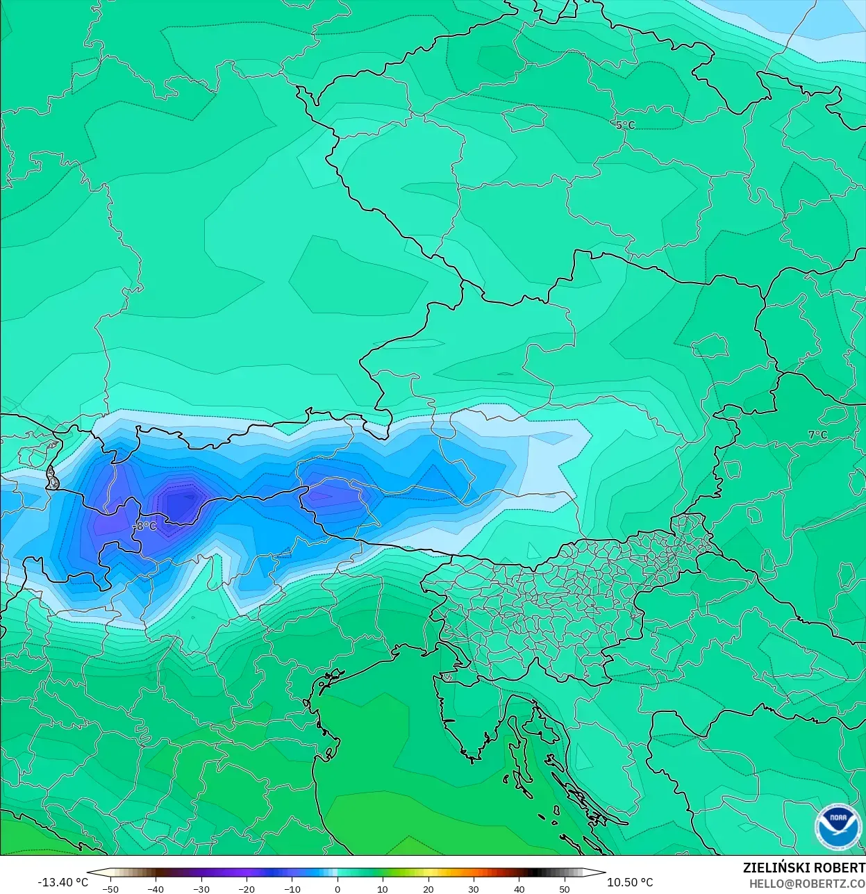 GFS モデル - オーストリア, 露点温度（2m）