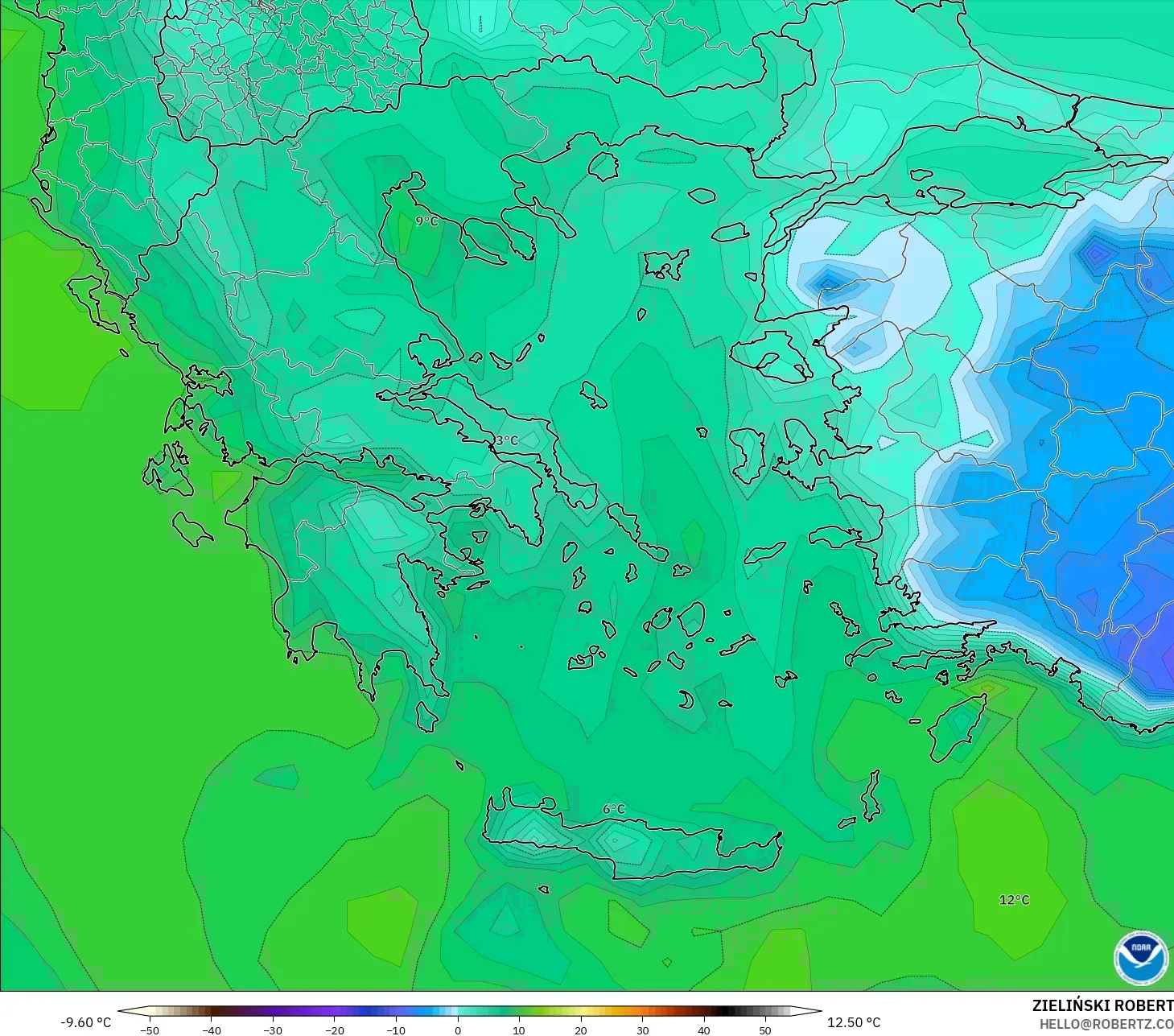 GFS モデル - ギリシャ, 露点温度（2m）