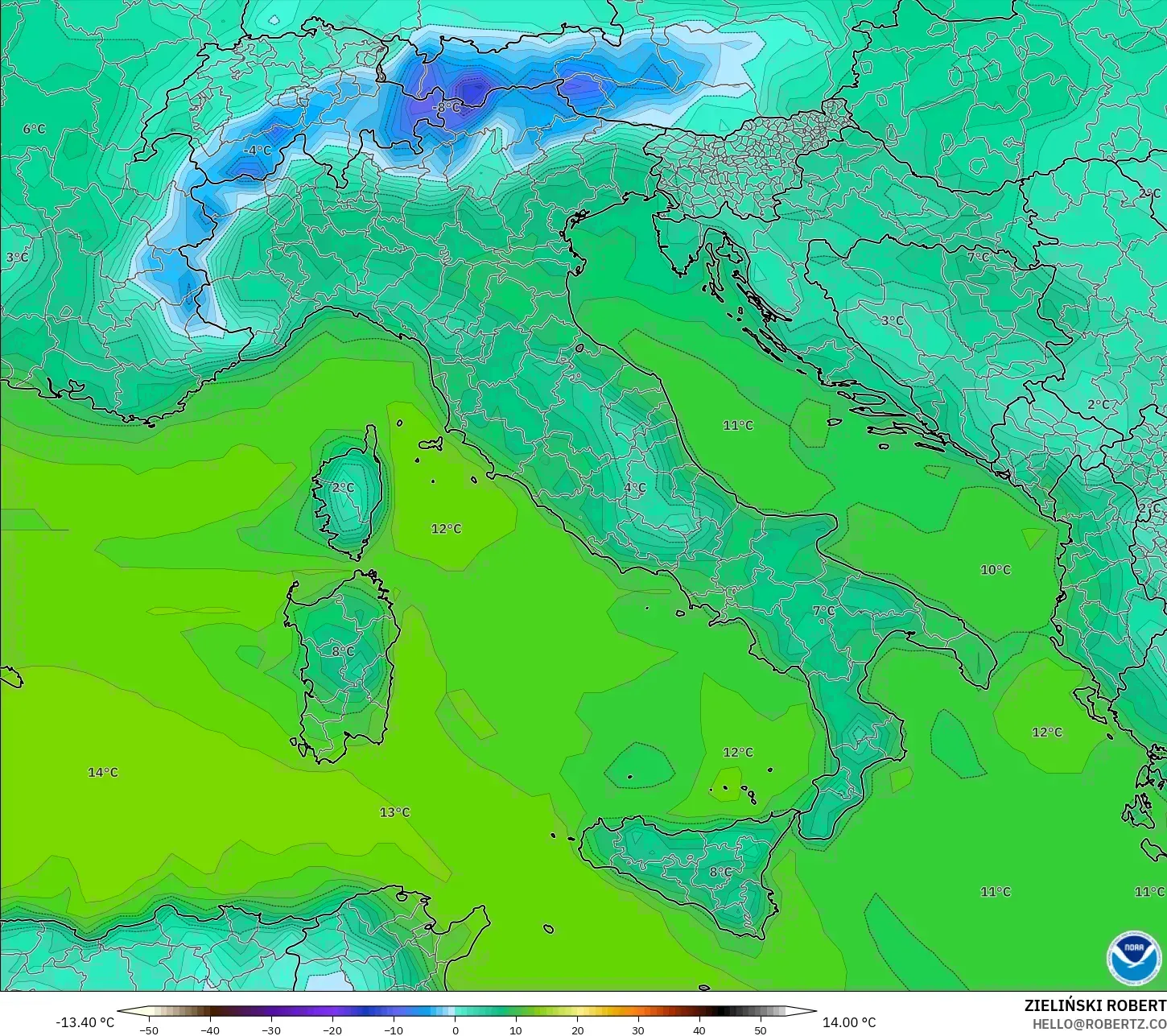 GFS モデル - イタリア, 露点温度（2m）