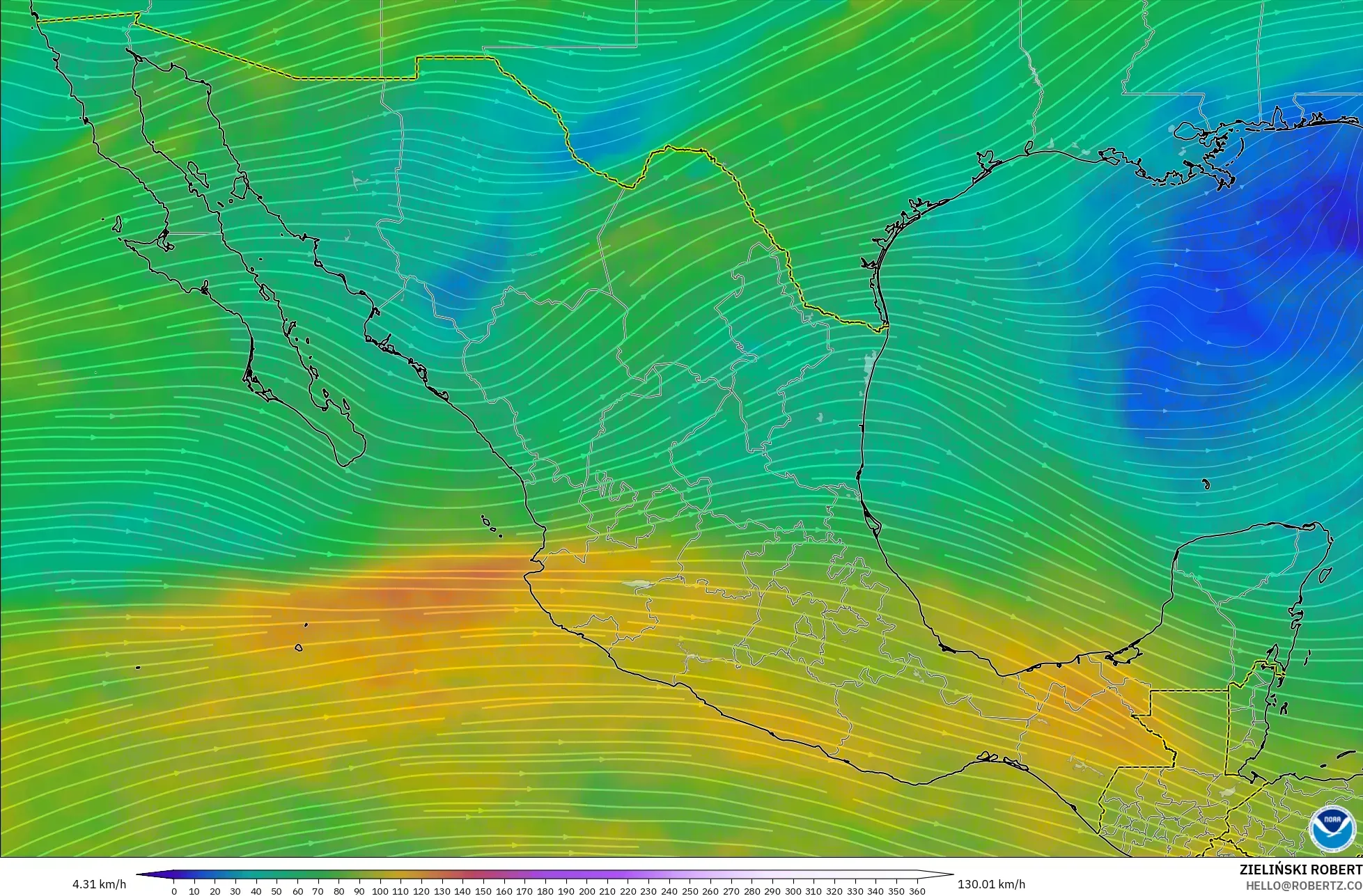 GFS モデル - メキシコ, 風速（300hPa）