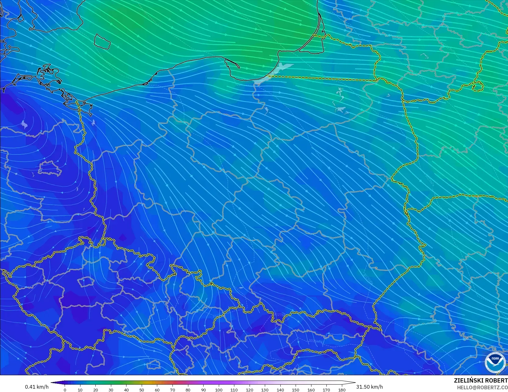 GFS モデル - ポーランド, 風速（10m）