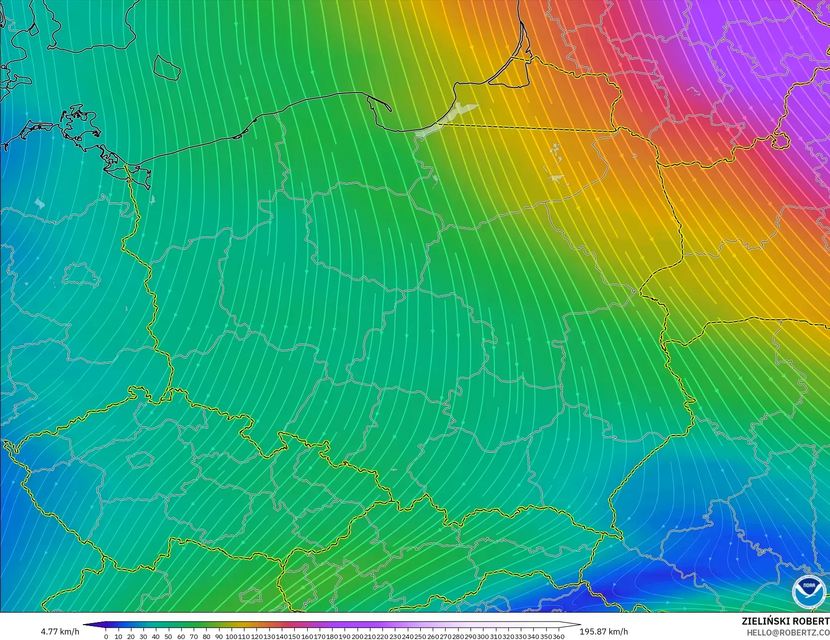 GFS モデル - ポーランド, 風速（300hPa）
